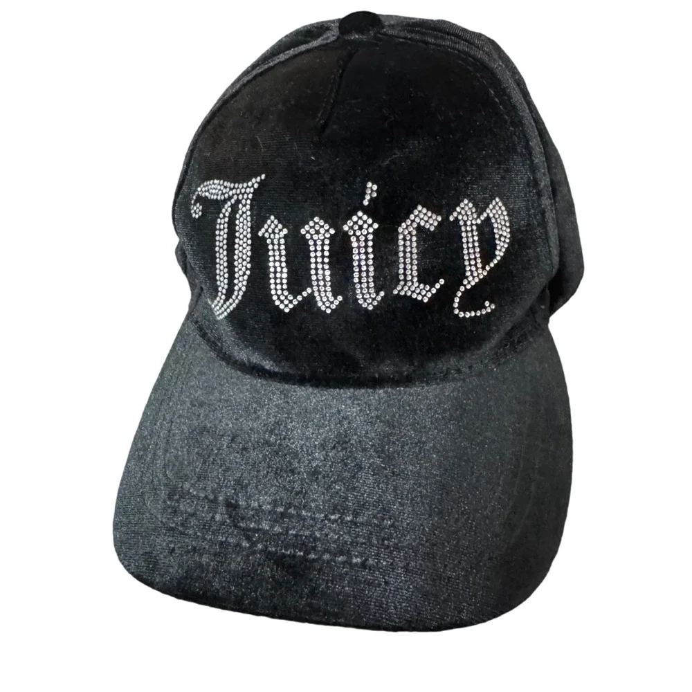 Juicy Couture Black Velvet Rhinestone Logo Y2K Baseball Cap Hat One Size
